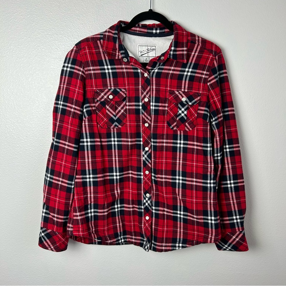 BC Clothing Sherpa Lined Plaid Snap Front Shacket Size Medium